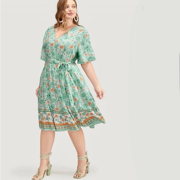 Bloomchic Bandana Print Pompom Trim Pocket Flutter Belted Wrap Dress - Picture 3 of 7